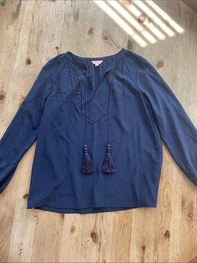 Lilly Pulitzer Silk Navy Tassel Tie Long Sleeve Blouse Size M
